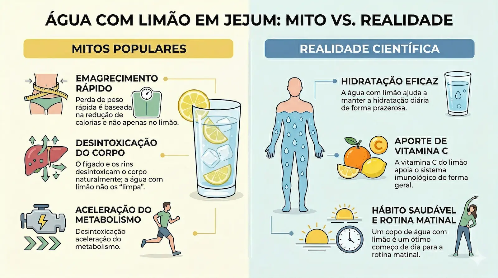 Infográfico comparando mitos e realidade científica sobre água com limão em jejum, incluindo emagrecimento, detox e hidratação