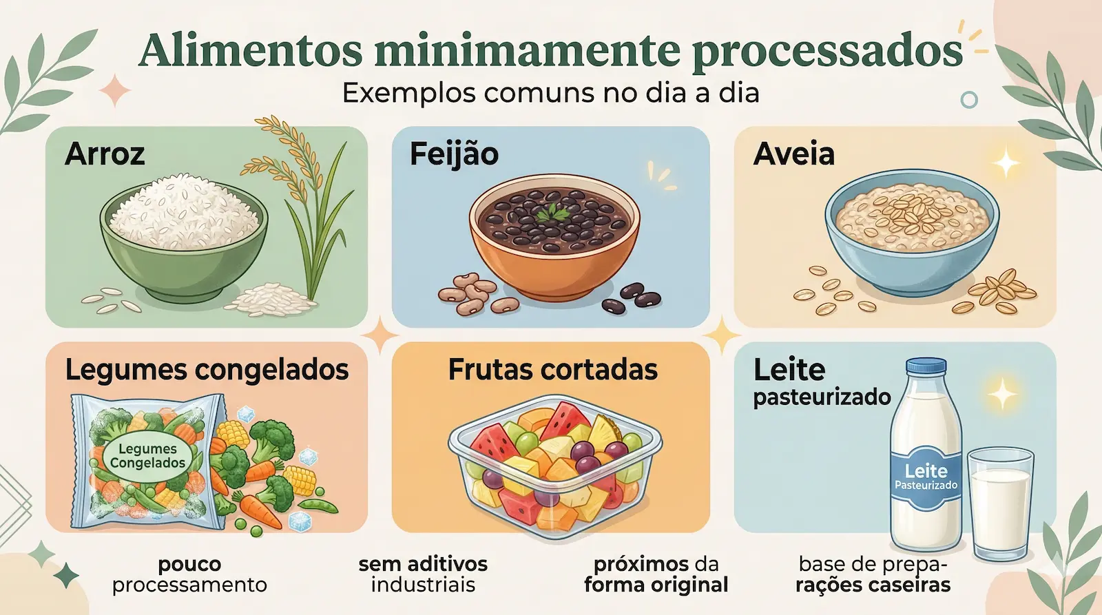 exemplos de alimentos minimamente processados como arroz feijão aveia leite pasteurizado e legumes congelados