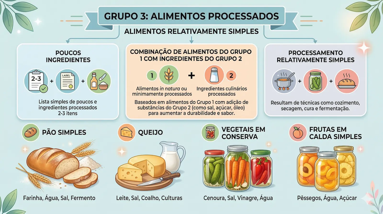 Exemplos de alimentos processados como pão simples, queijo e vegetais em conserva