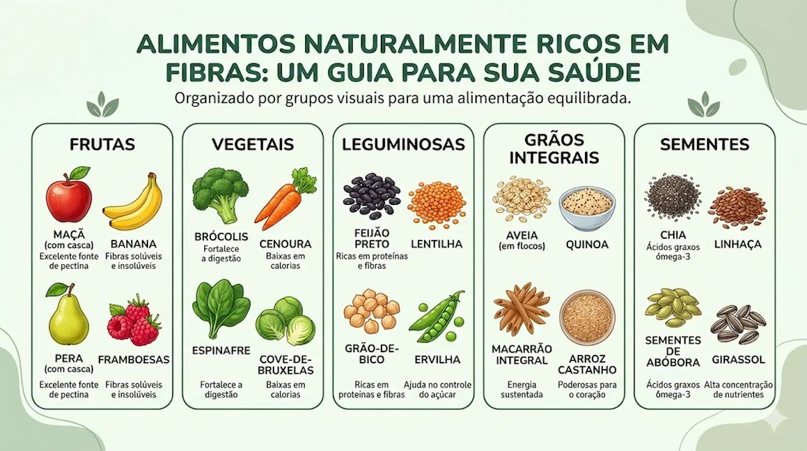 Lista de alimentos ricos em fibras incluindo frutas, vegetais, leguminosas, grãos integrais e sementes organizados por grupos alimentares