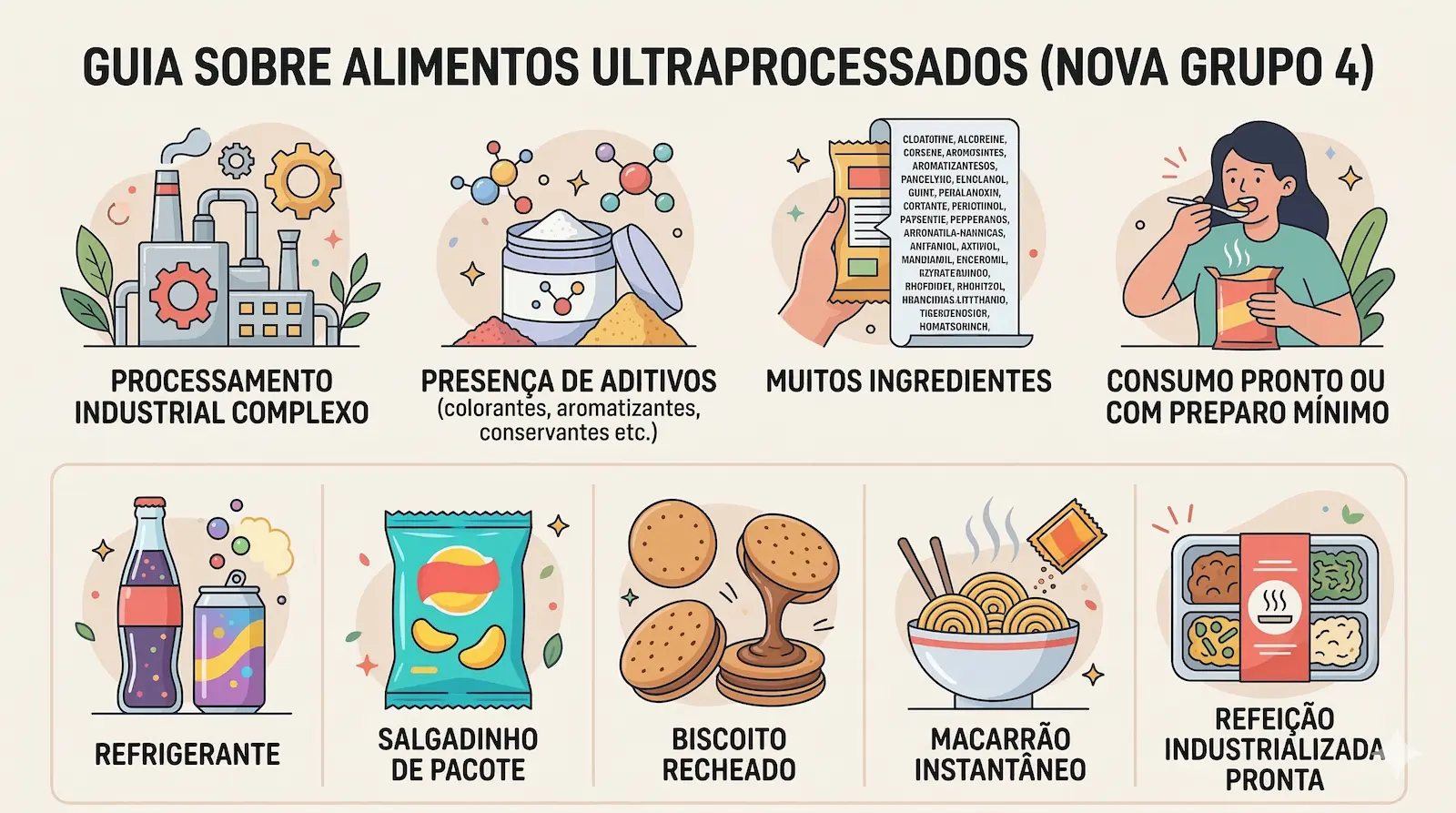 Exemplos de alimentos ultraprocessados como refrigerantes, salgadinhos, biscoitos recheados e macarrão instantâneo
