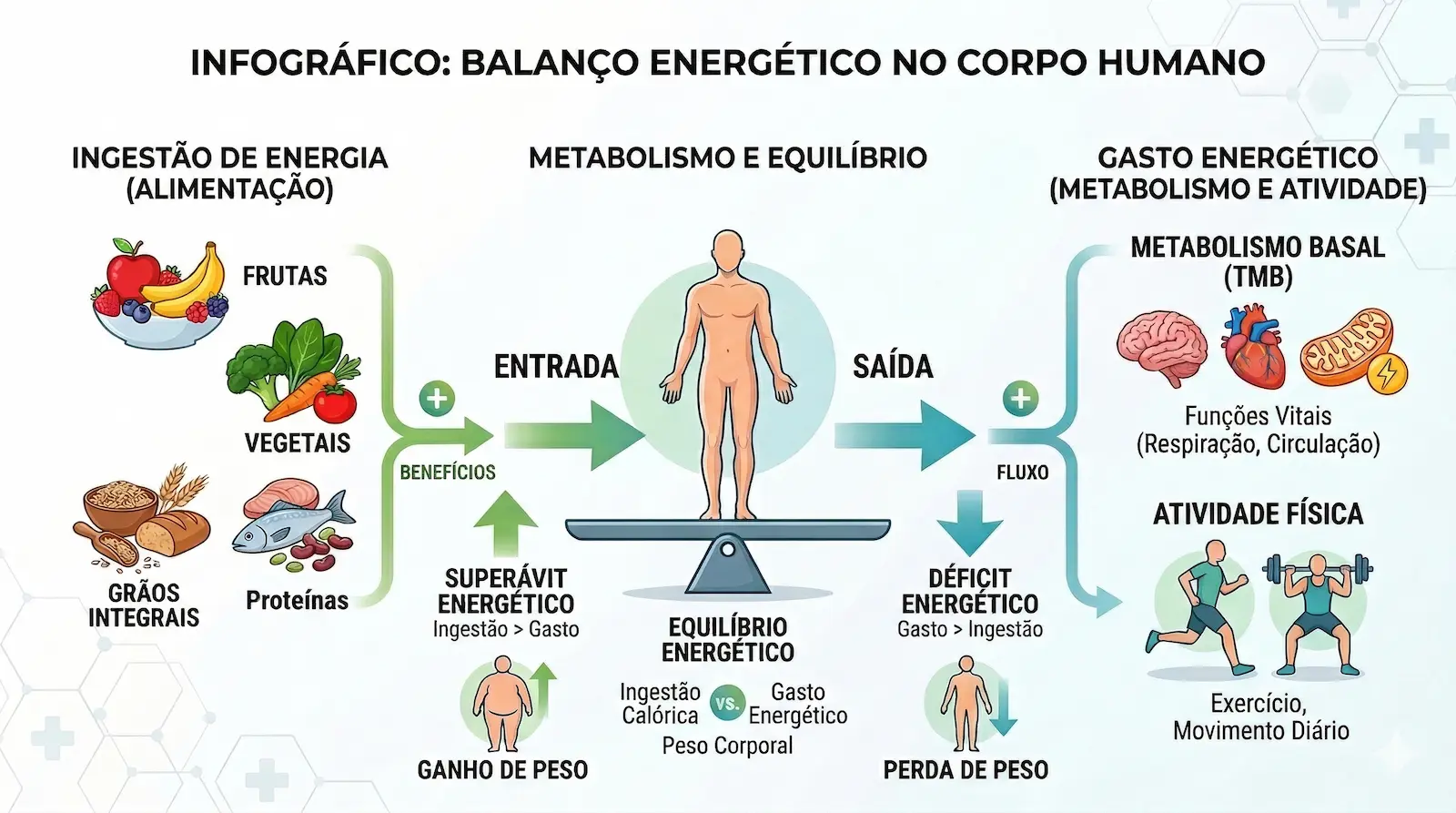 Infográfico explicando o balanço energético no corpo humano entre ingestão de energia, metabolismo e atividade física.