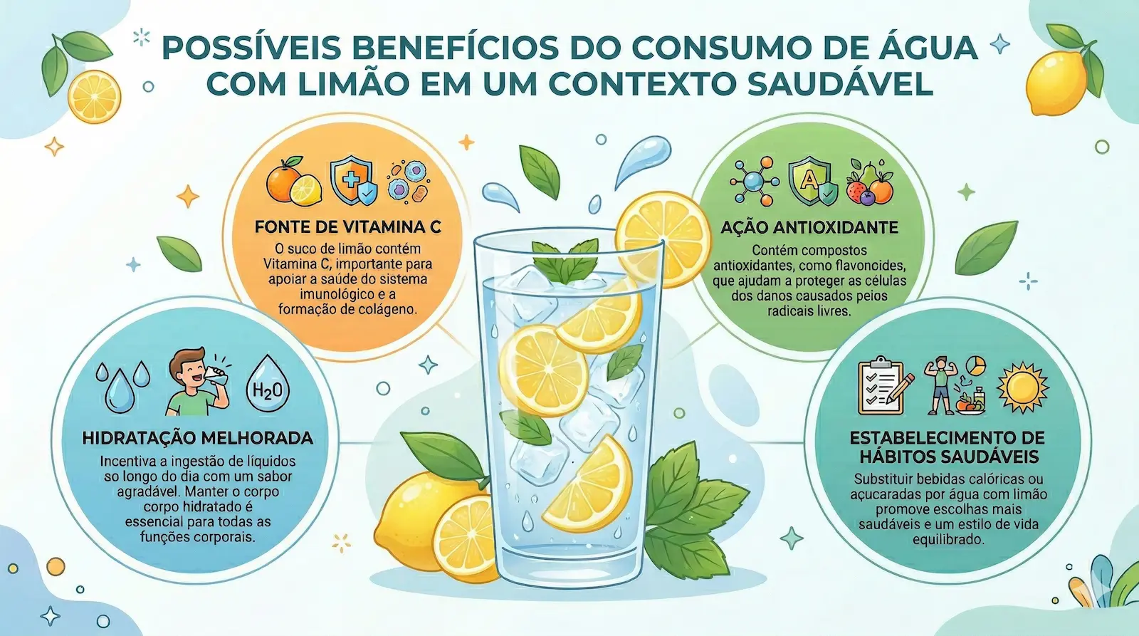 Infográfico mostrando os benefícios do consumo de água com limão como hidratação, vitamina C, ação antioxidante e hábitos saudáveis