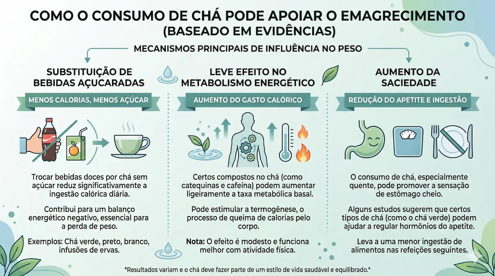 Infográfico mostrando como o consumo de chá pode contribuir de forma modesta para o emagrecimento através da saciedade, metabolismo e substituição de bebidas açucaradas