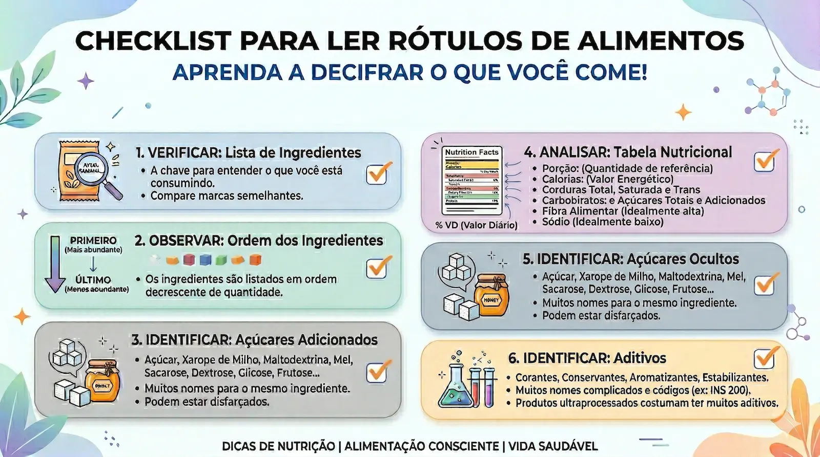 checklist para ler rótulos de alimentos com foco em ingredientes e tabela nutricional