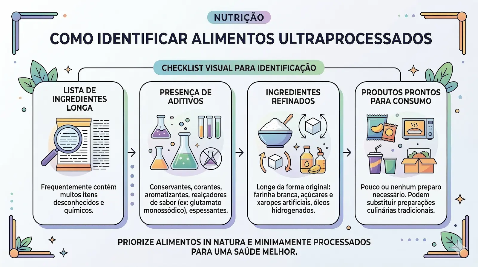 checklist visual para identificar alimentos ultraprocessados em rótulos e ingredientes