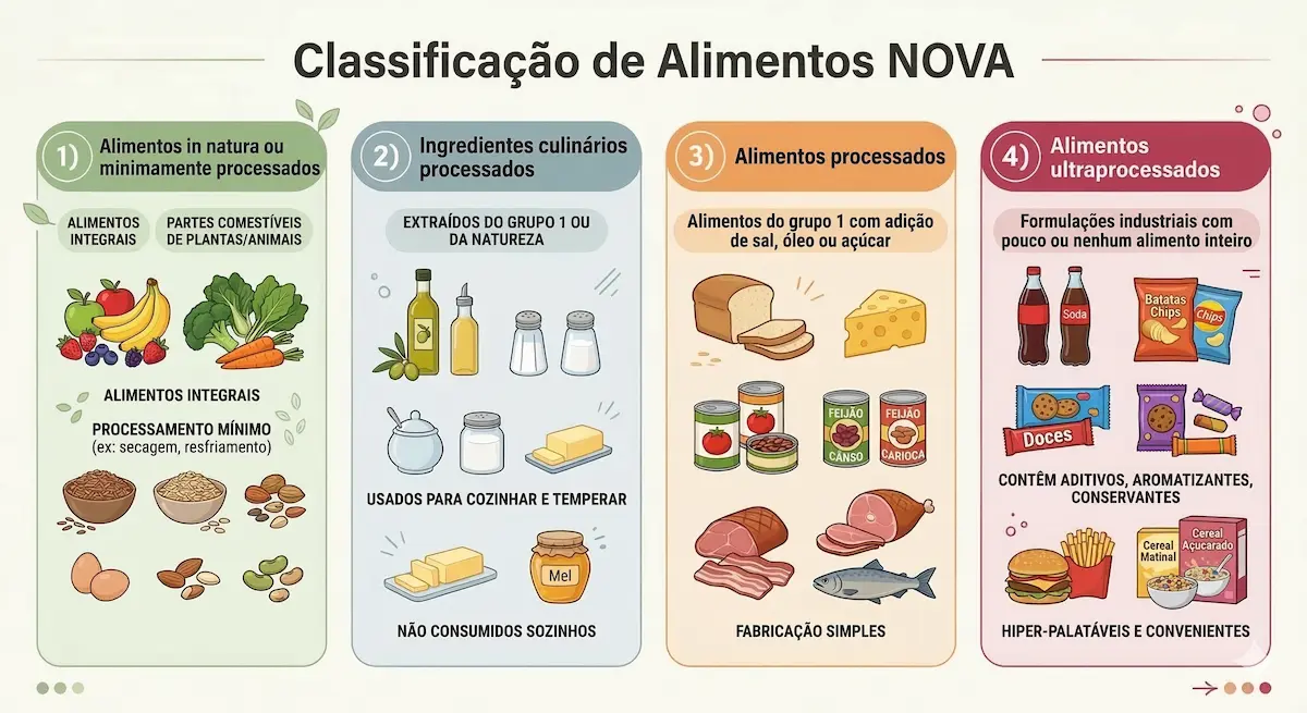 Infográfico mostrando os quatro grupos da classificação NOVA: alimentos in natura, ingredientes culinários processados, alimentos processados e ultraprocessados