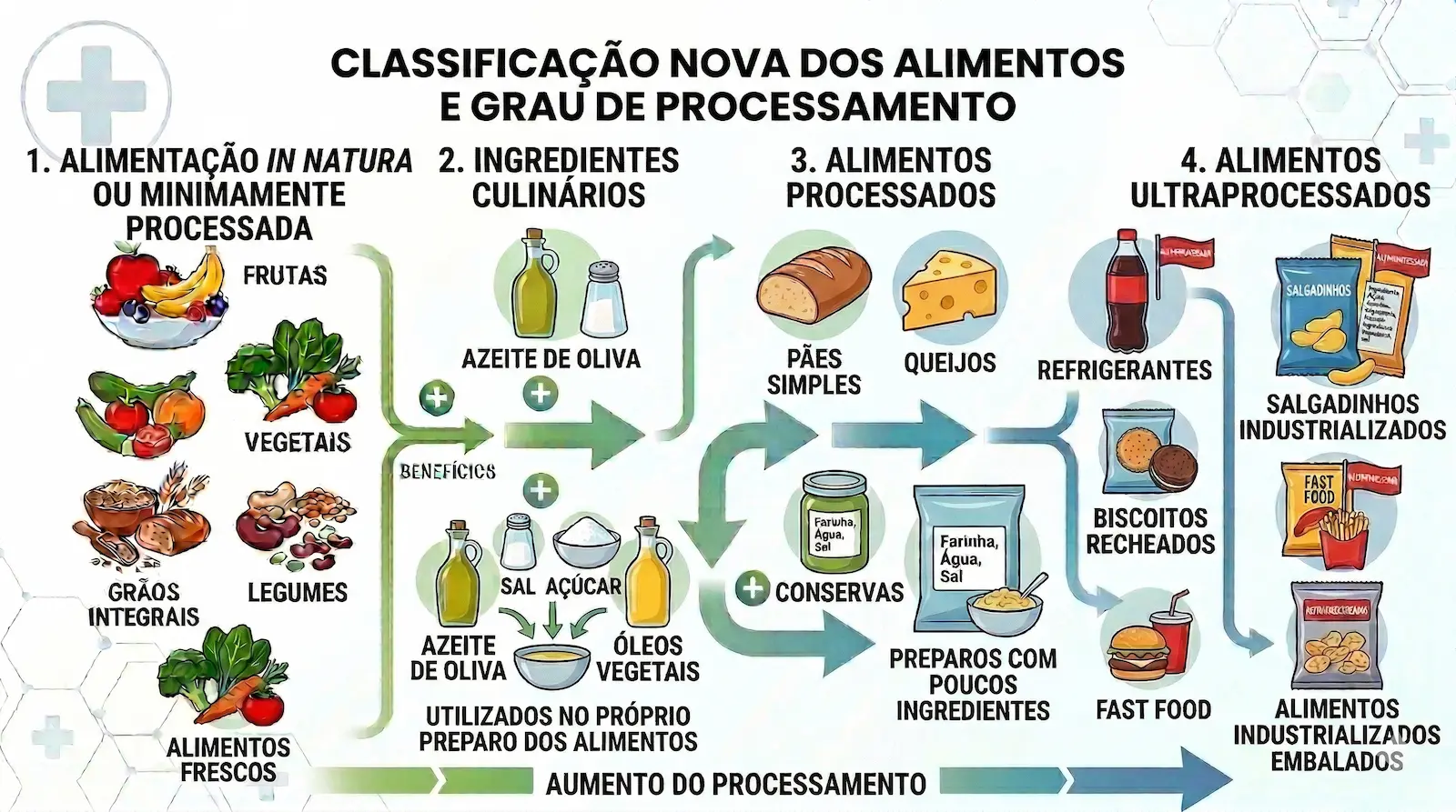 Infográfico explicando a classificação NOVA dos alimentos conforme o grau de processamento industrial.