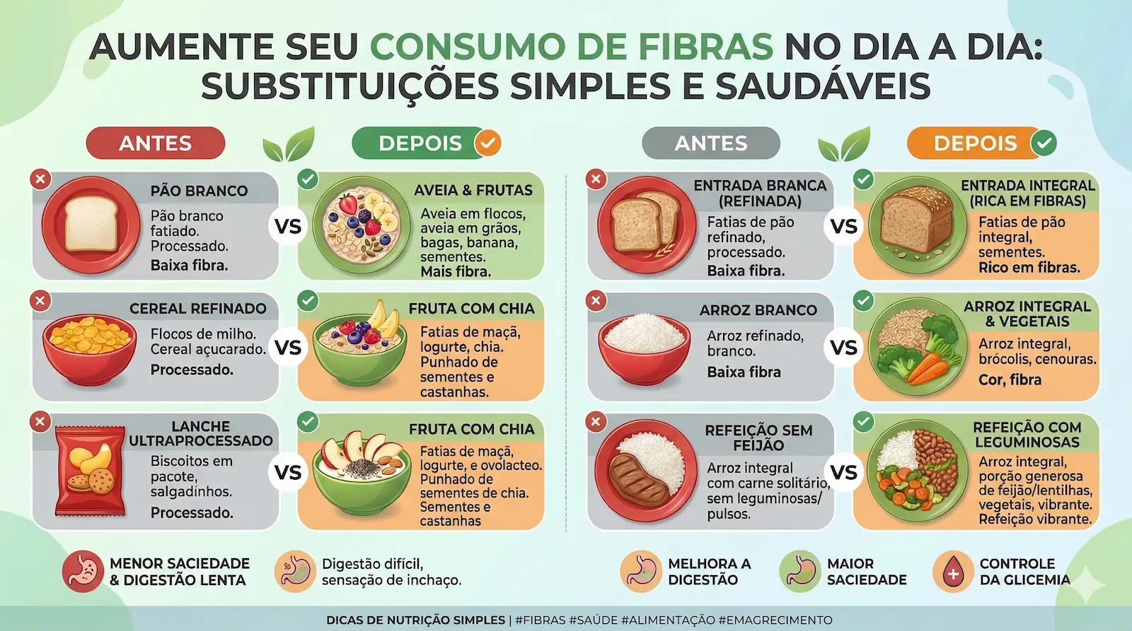 Como aumentar o consumo de fibras no dia a dia com substituições simples entre alimentos refinados e integrais
