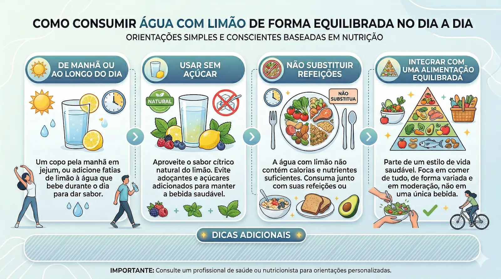 Infográfico mostrando como consumir água com limão de forma equilibrada no dia a dia sem substituir refeições e evitando açúcar]