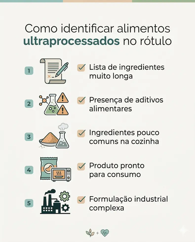 Checklist mostrando como identificar alimentos ultraprocessados no rótulo pela lista de ingredientes e presença de aditivos