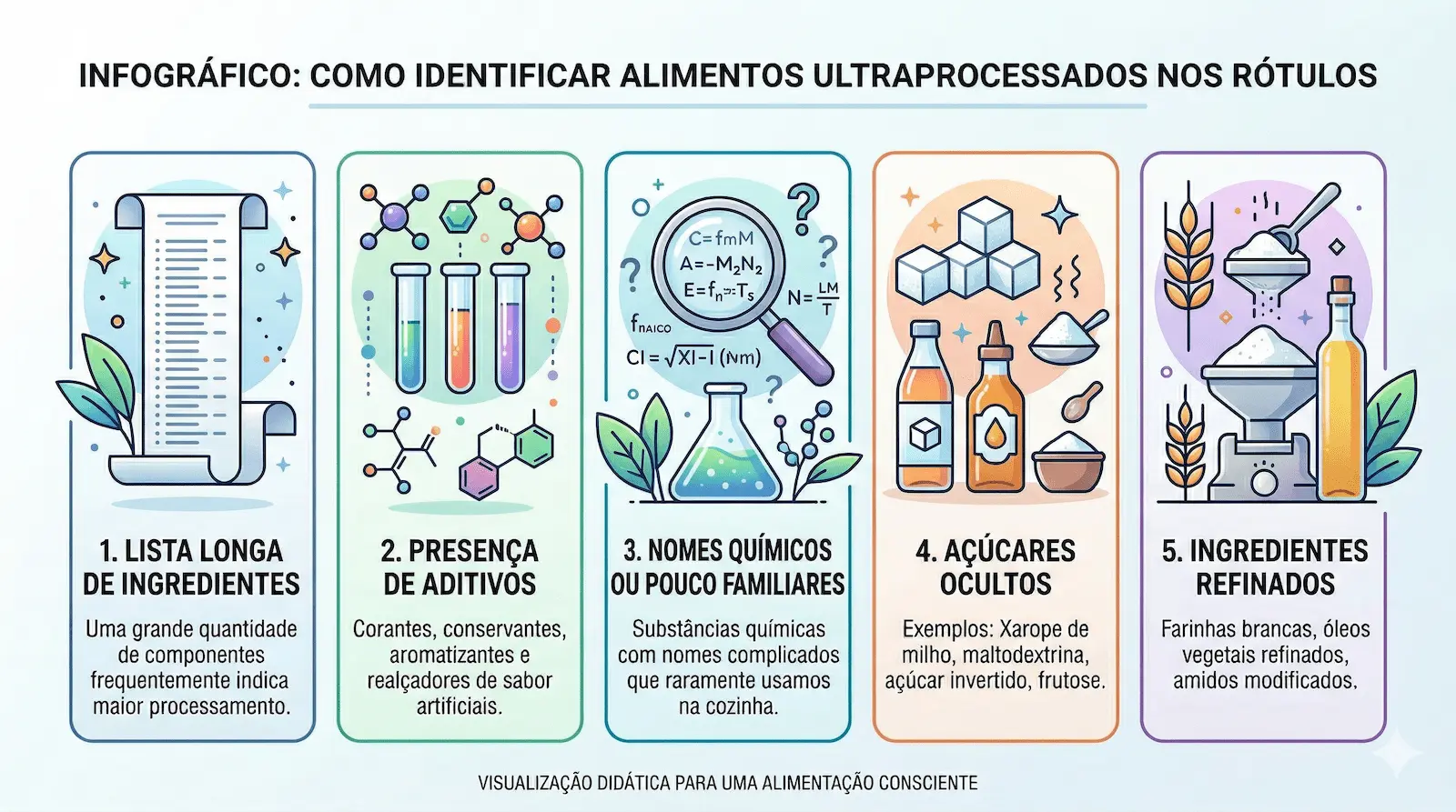 sinais de alimentos ultraprocessados como lista longa de ingredientes e presença de aditivos