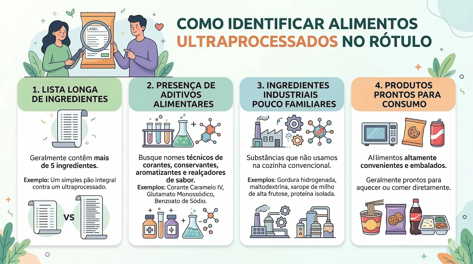 sinais no rótulo que indicam alimentos ultraprocessados como lista longa de ingredientes e presença de aditivos