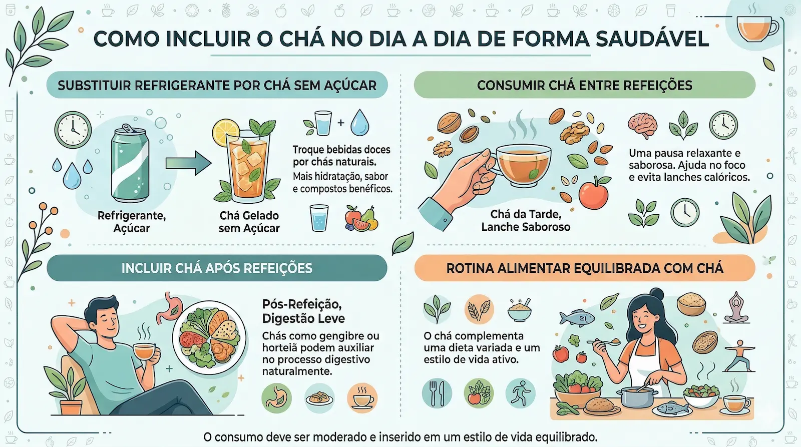 Infográfico mostrando como incluir o consumo de chá no dia a dia de forma saudável, substituindo bebidas açucaradas e integrando a uma alimentação equilibrada