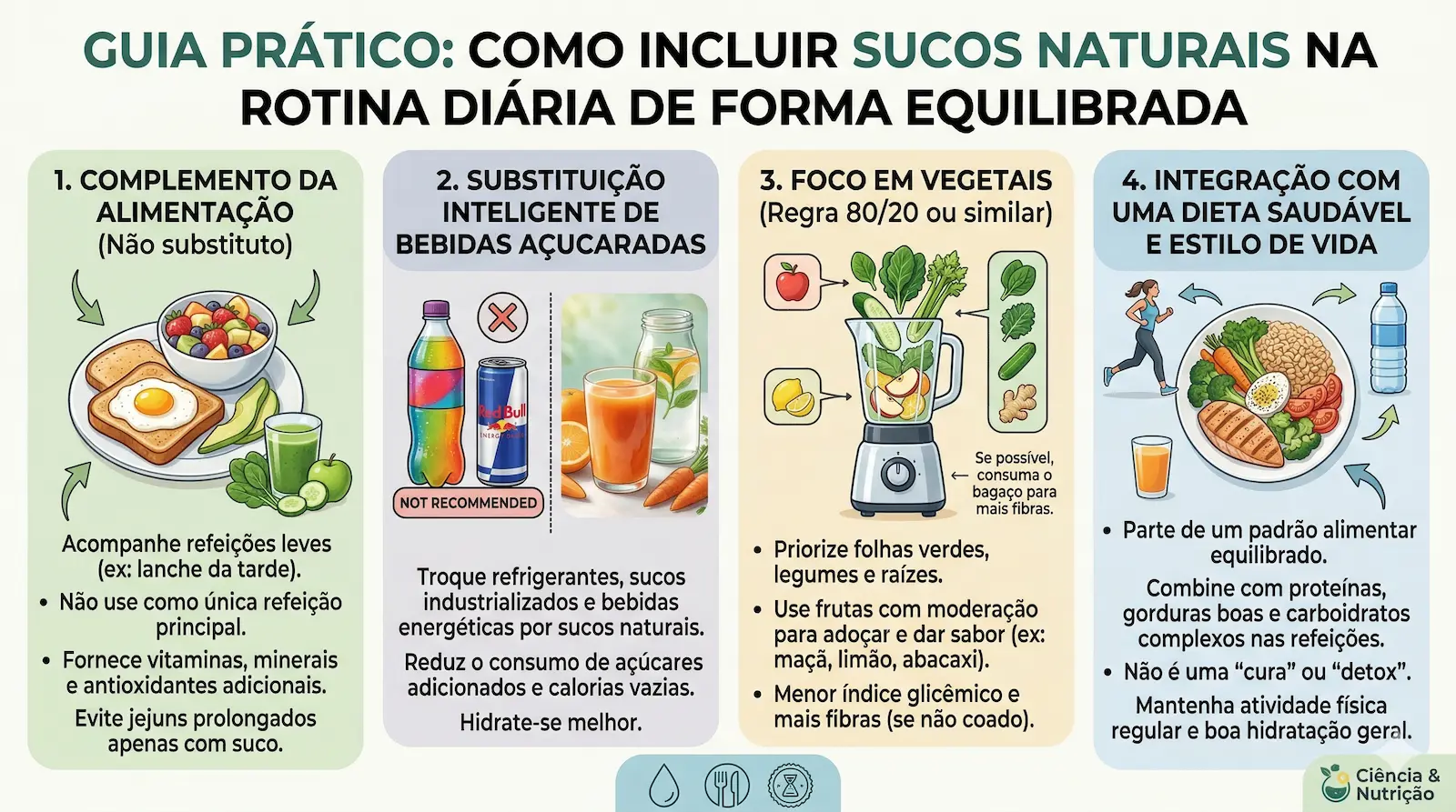 Infográfico mostrando como incluir sucos naturais na rotina diária de forma equilibrada sem substituir refeições e priorizando alimentos saudáveis