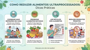 infográfico com dicas práticas para reduzir alimentos ultraprocessados na alimentação