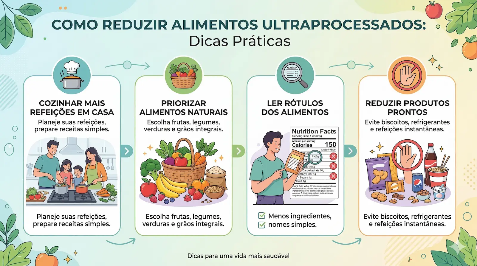 infográfico com estratégias para reduzir alimentos ultraprocessados na alimentação