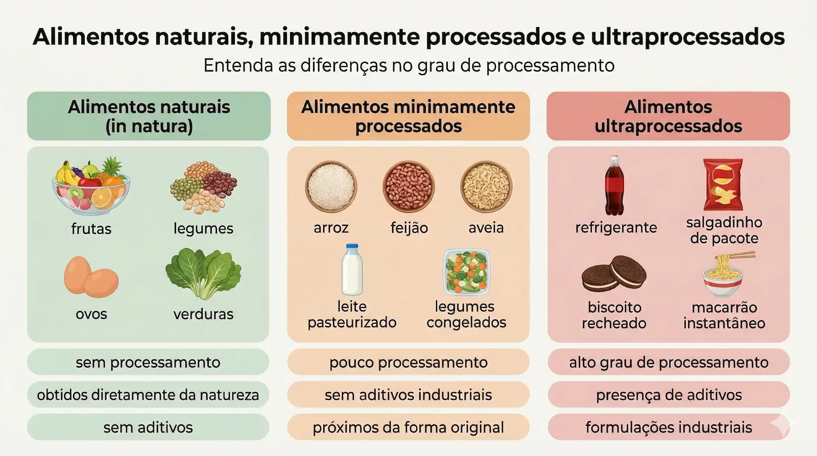 comparação entre alimentos naturais minimamente processados e ultraprocessados