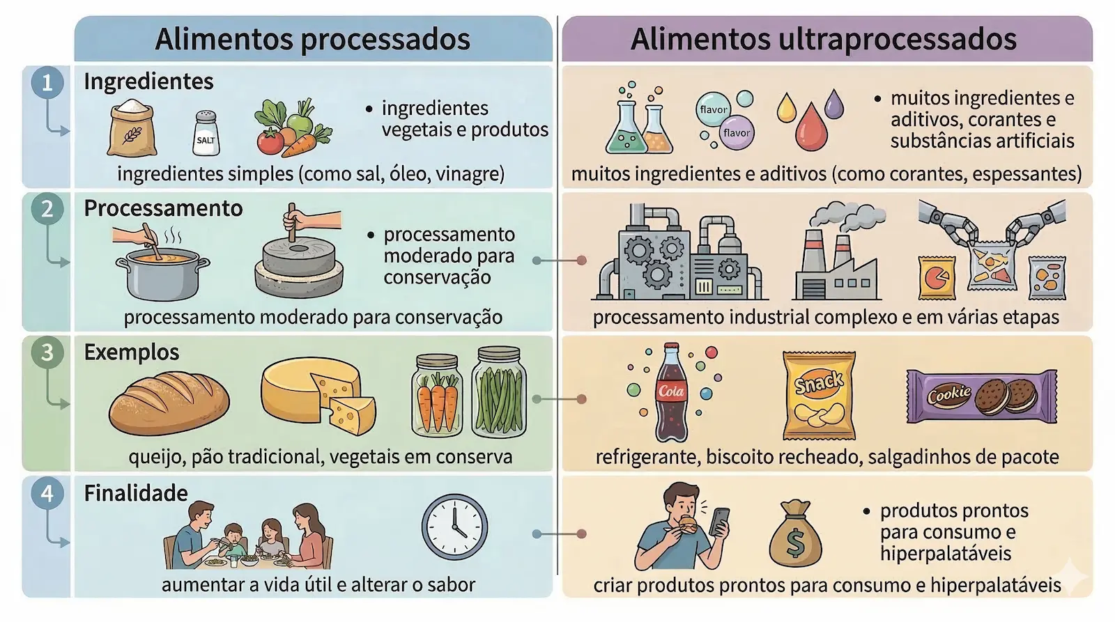tabela comparativa entre alimentos processados e ultraprocessados segundo a classificação nova