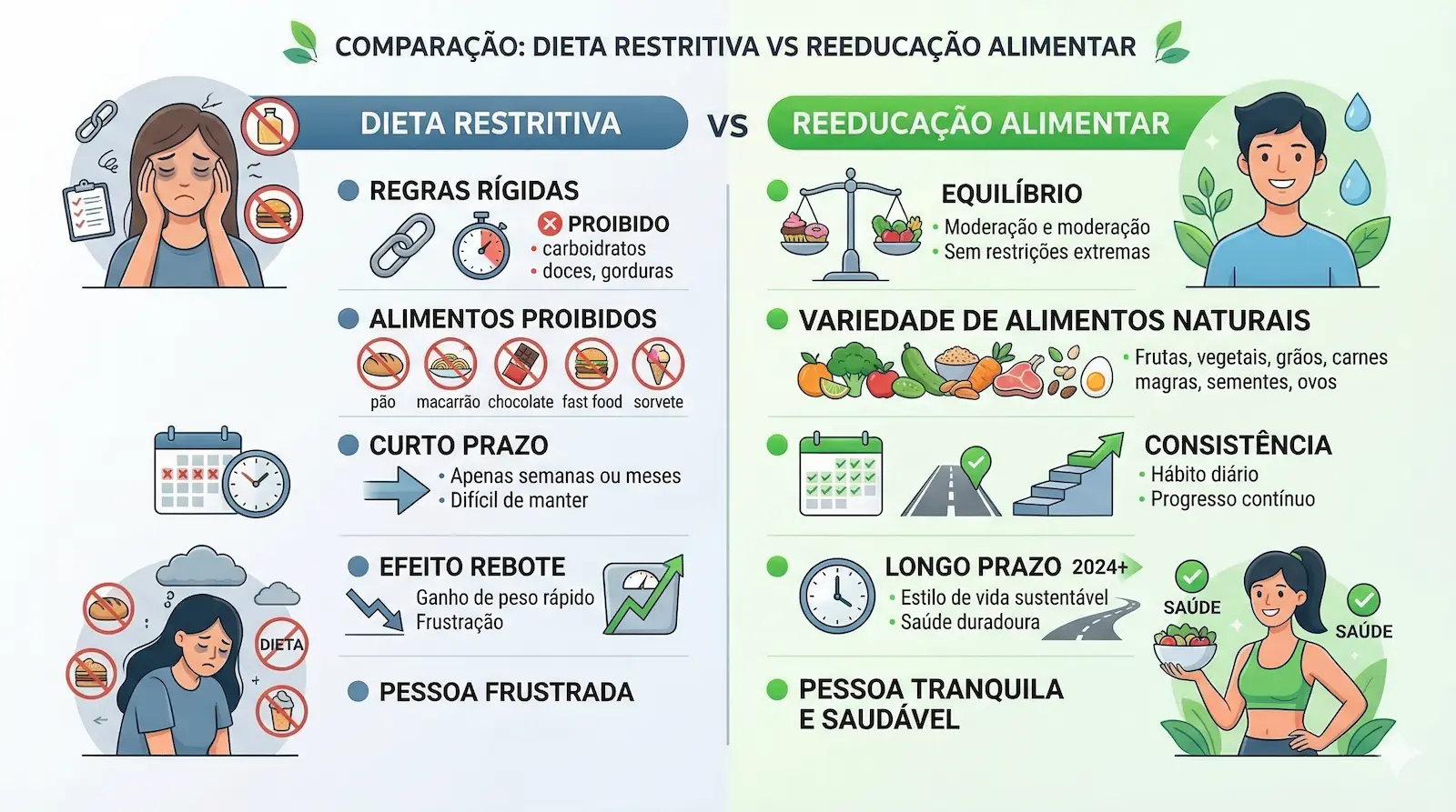 Comparação entre dieta restritiva e reeducação alimentar mostrando diferenças em equilíbrio, variedade alimentar e resultados a longo prazo