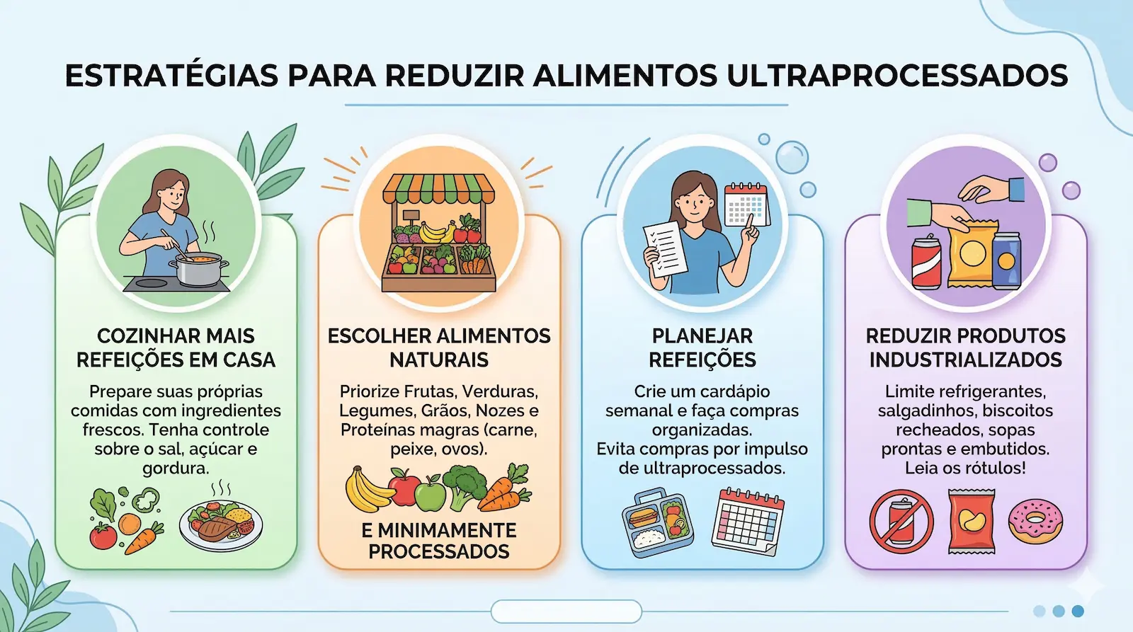 estratégias simples para reduzir alimentos ultraprocessados como cozinhar mais e escolher alimentos naturais