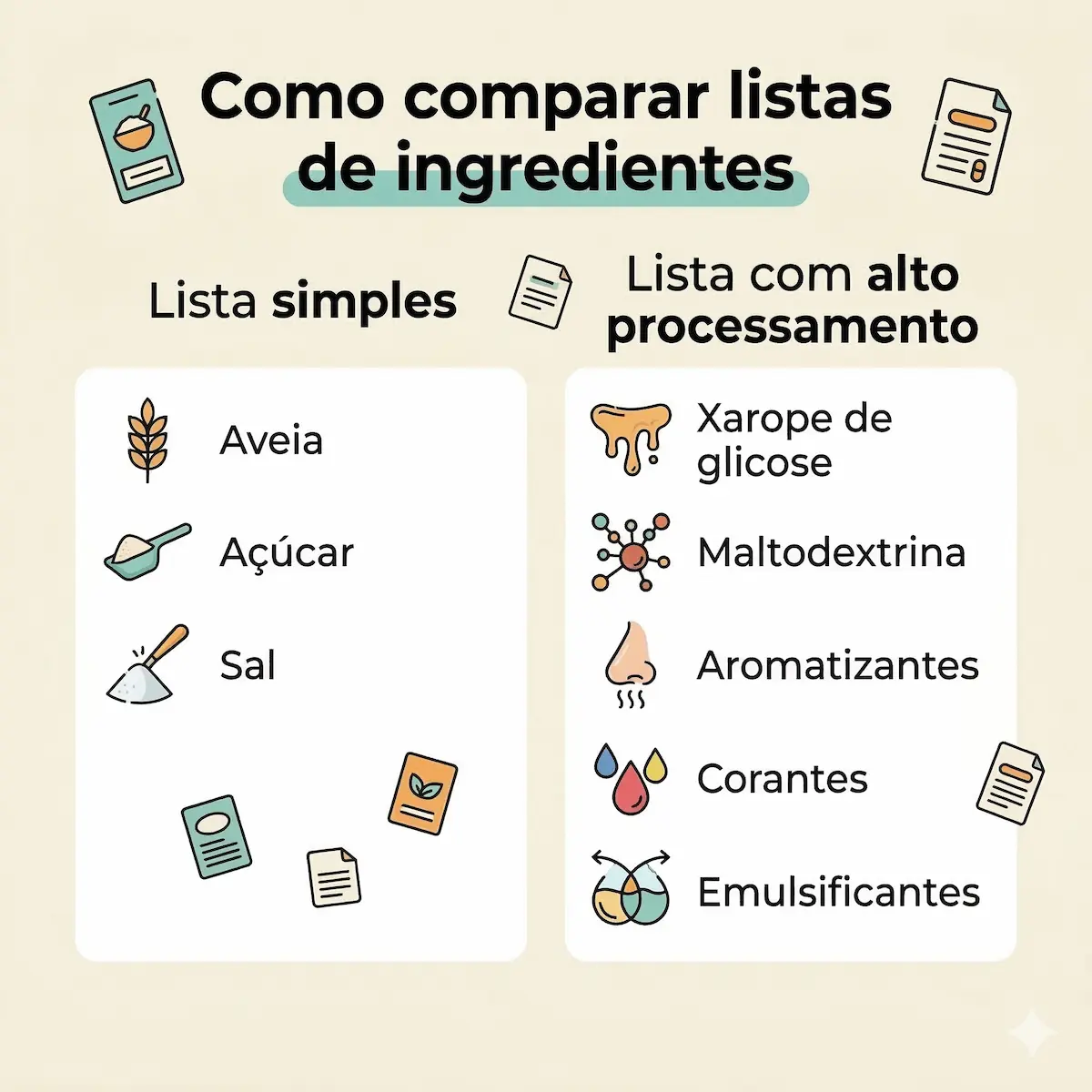 Comparação entre lista simples de ingredientes e lista com ingredientes típicos de alimentos ultraprocessados