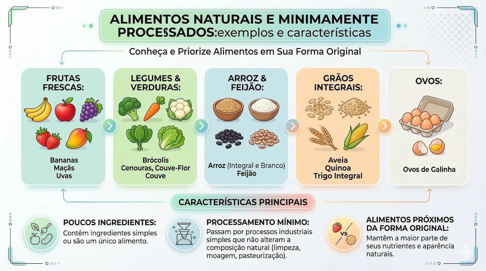 Exemplos de alimentos naturais e minimamente processados como frutas, legumes, arroz, feijão, grãos integrais e ovos.