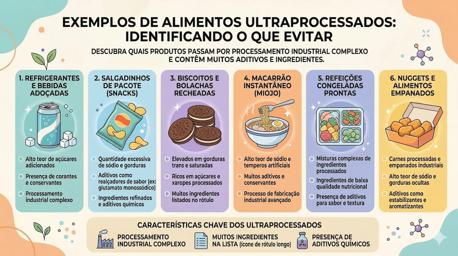 Exemplos de alimentos ultraprocessados como refrigerantes, salgadinhos de pacote, biscoitos recheados e macarrão instantâneo.