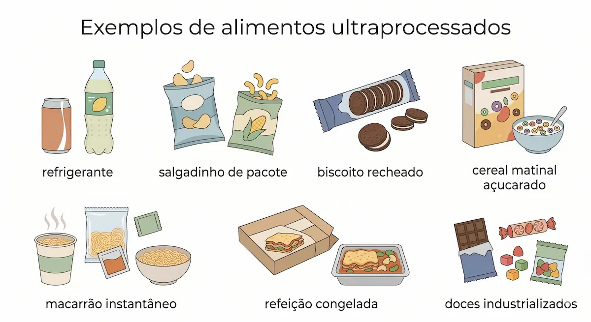 Exemplos de alimentos ultraprocessados como refrigerante, salgadinho de pacote, biscoitos recheados e macarrão instantâneo