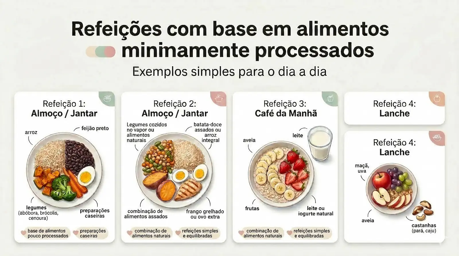 exemplos de refeições com alimentos minimamente processados como arroz feijão legumes frutas e ovos