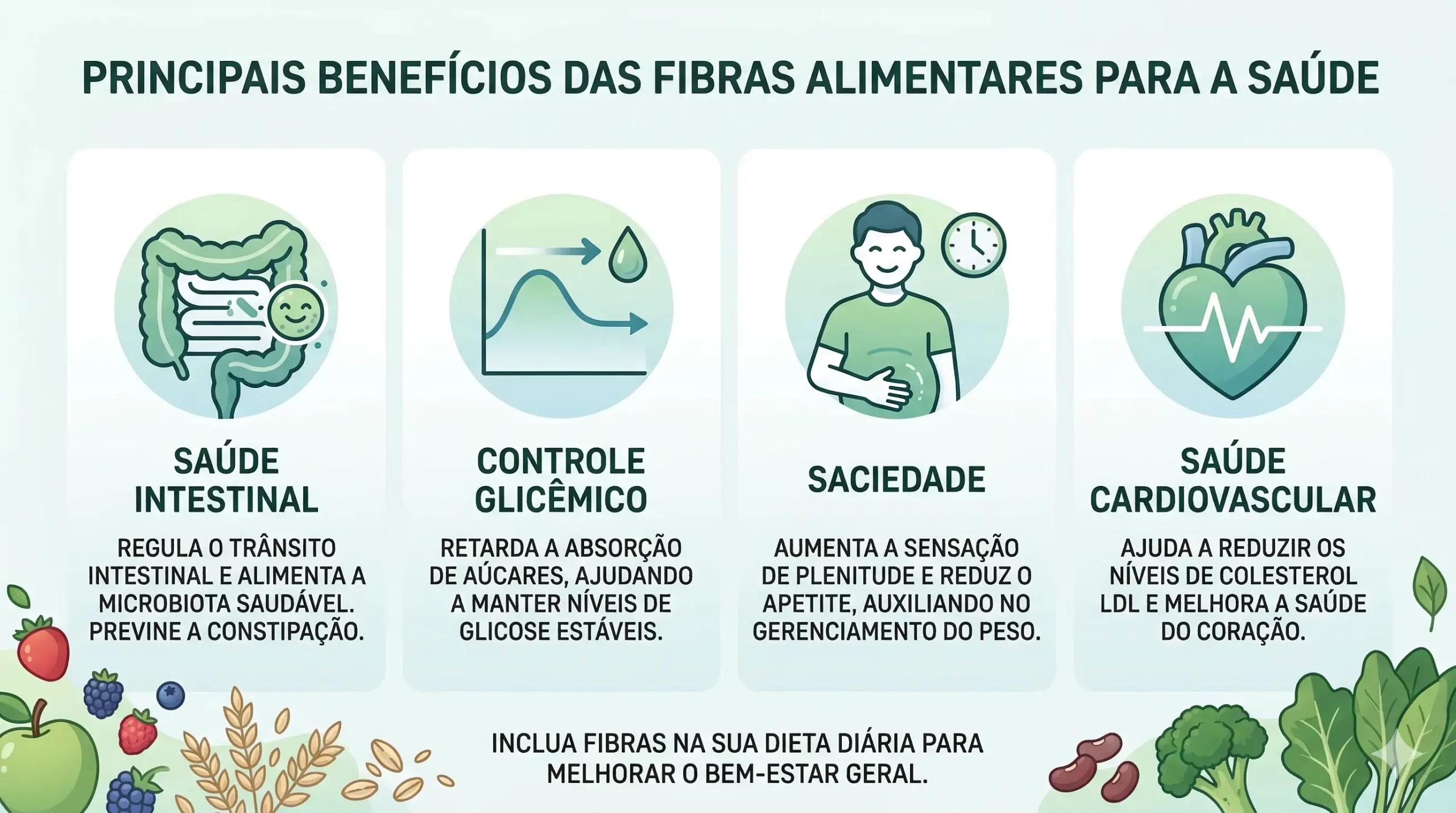 Principais benefícios das fibras alimentares para a saúde intestinal, controle glicêmico, saciedade e saúde cardiovascular