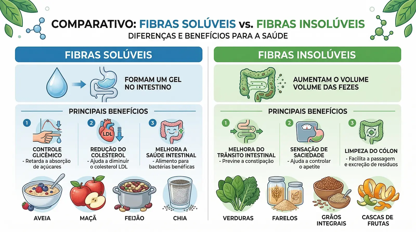 Comparação entre fibras solúveis e insolúveis mostrando diferenças, benefícios para a saúde e exemplos de alimentos ricos em fibras