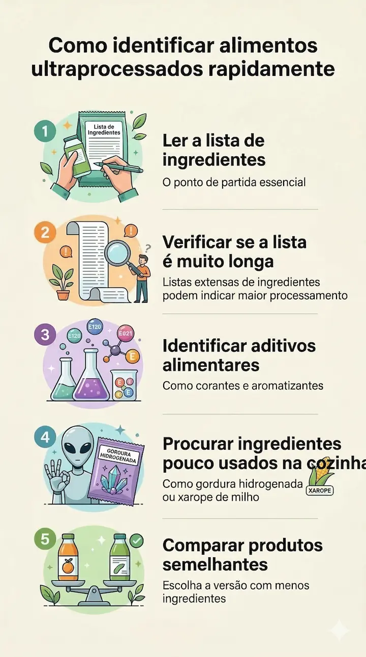 Guia visual mostrando como identificar alimentos ultraprocessados no rótulo analisando a lista de ingredientes