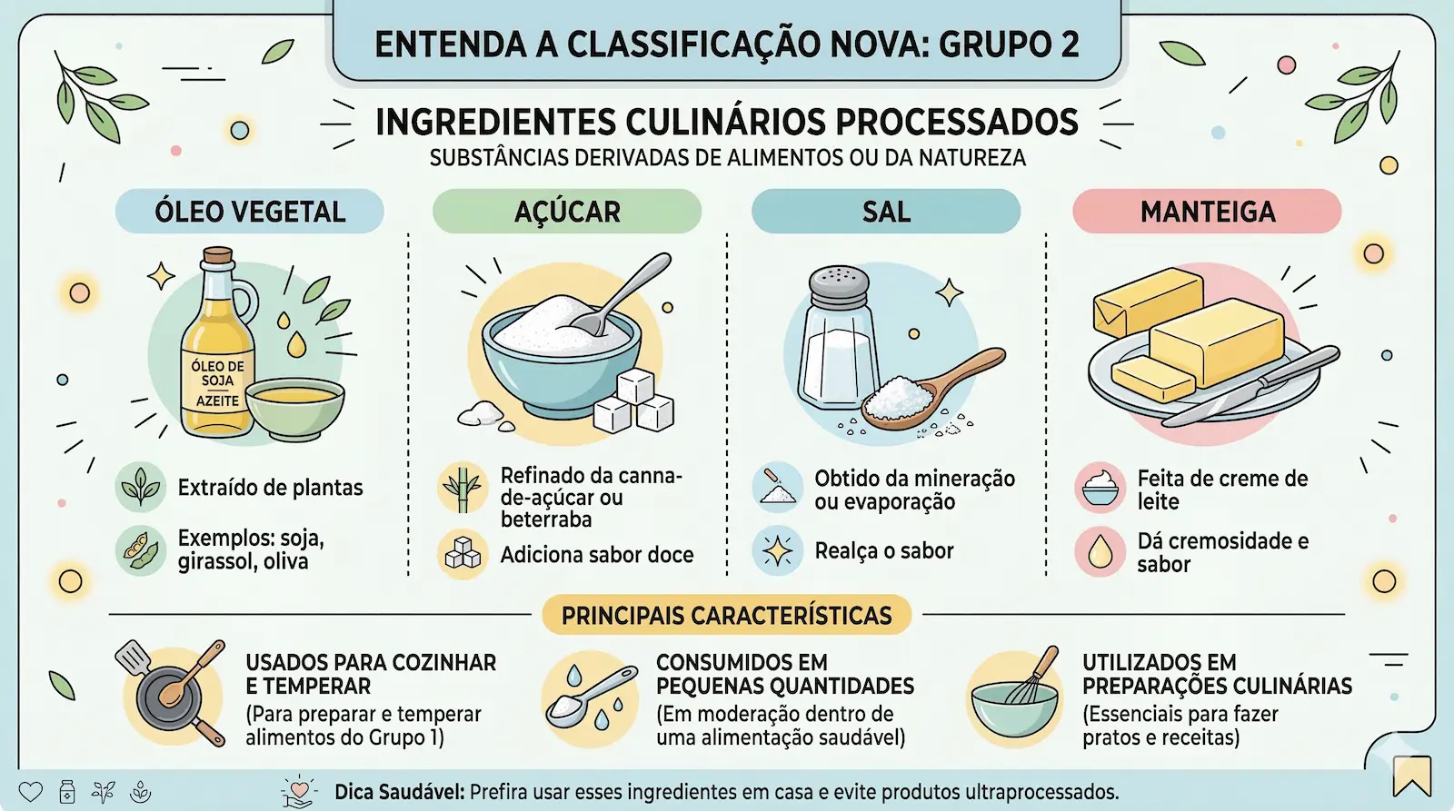 Exemplos de ingredientes culinários processados como óleo, açúcar, sal e manteiga