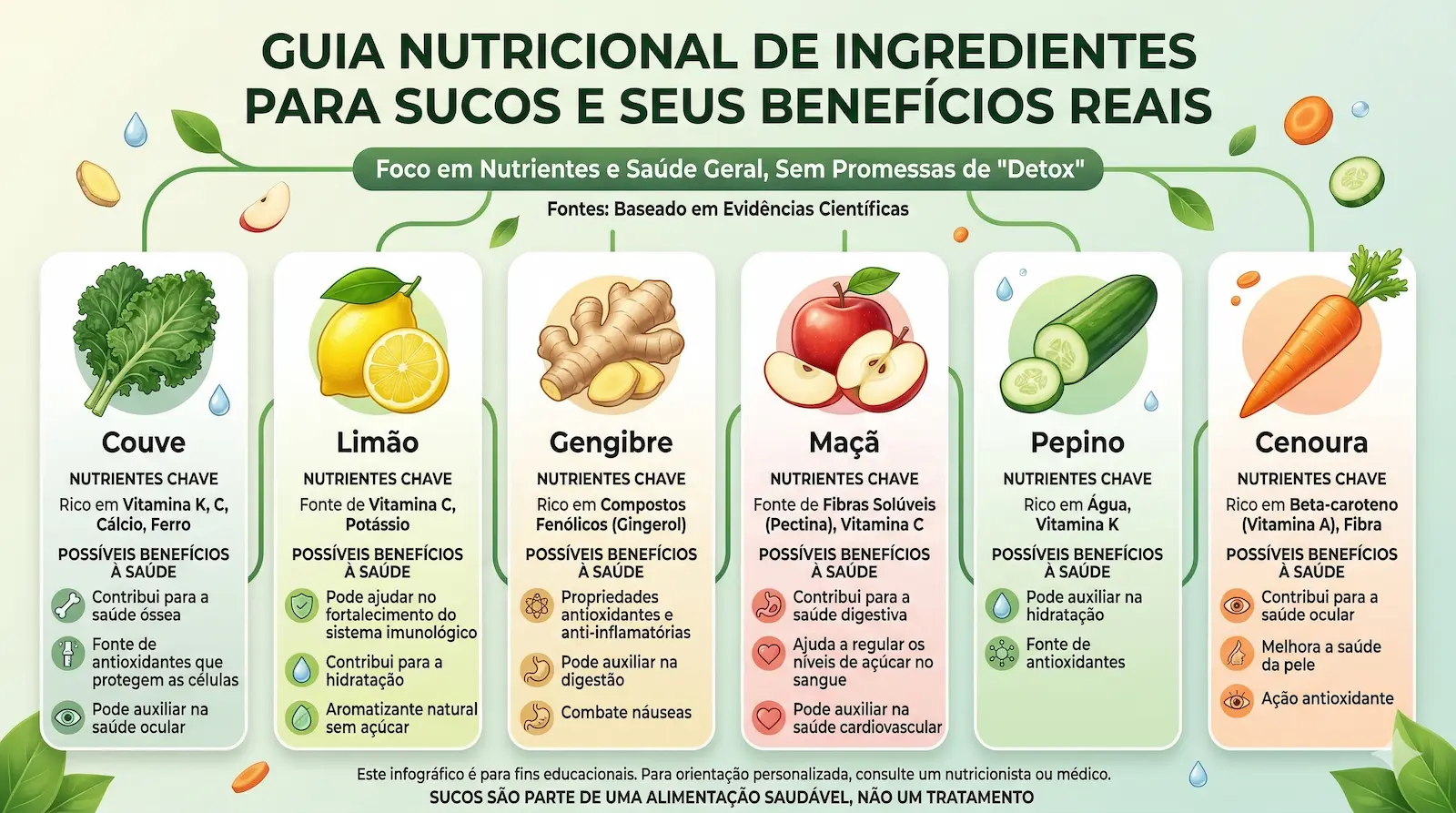 Infográfico mostrando ingredientes comuns de sucos como couve, limão, gengibre, maçã, pepino e cenoura e seus benefícios nutricionais para a saúde