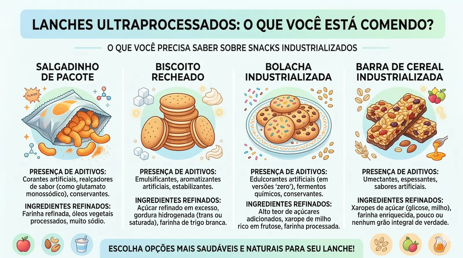 exemplos de snacks ultraprocessados como salgadinhos e biscoitos recheados