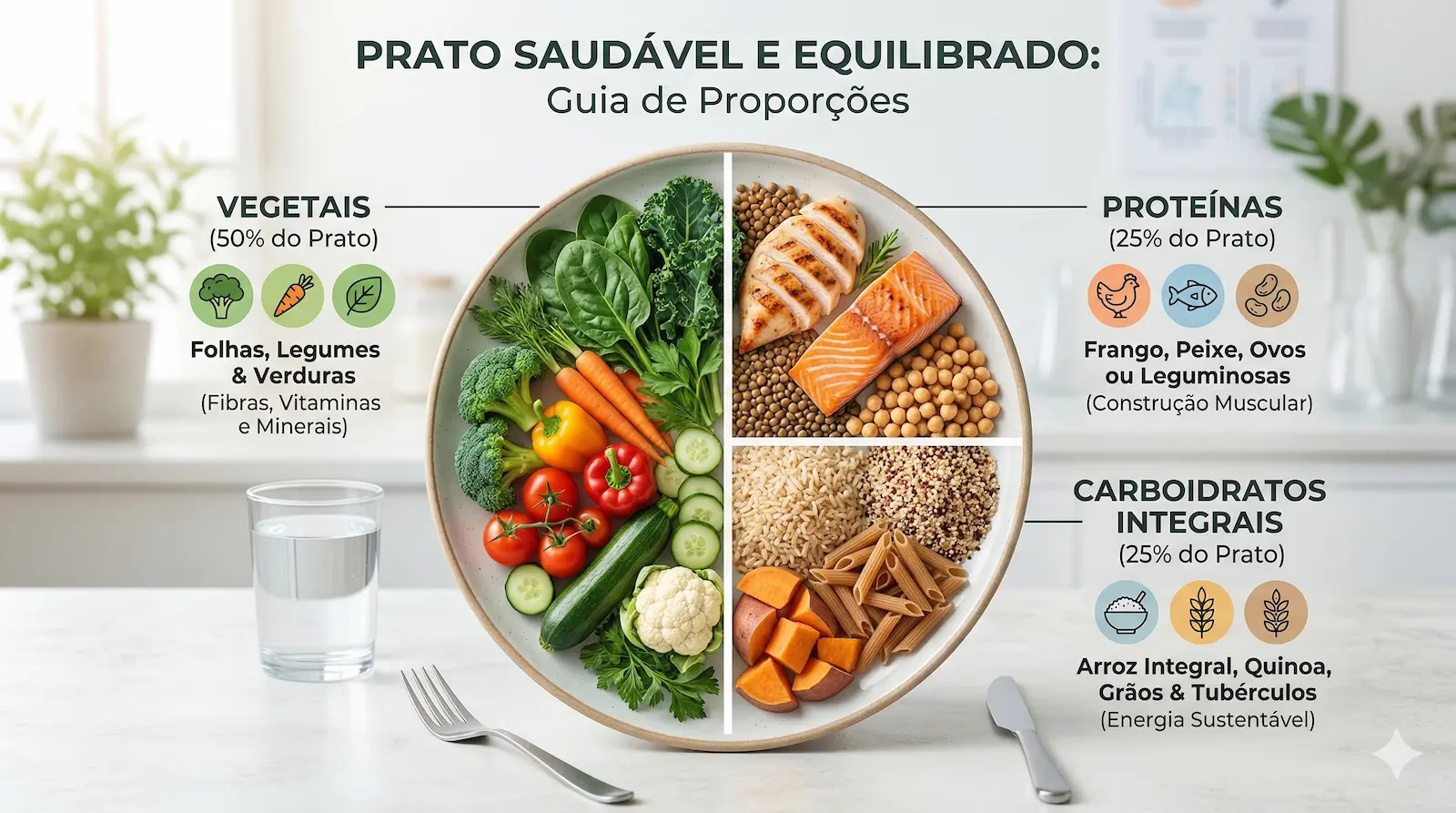 Prato saudável equilibrado dividido em vegetais, proteínas e carboidratos integrais com proporções ideais para alimentação saudável