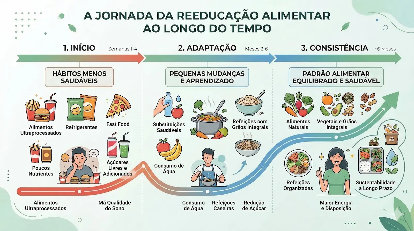 Infográfico mostrando a jornada da reeducação alimentar ao longo do tempo com evolução de hábitos alimentares saudáveis