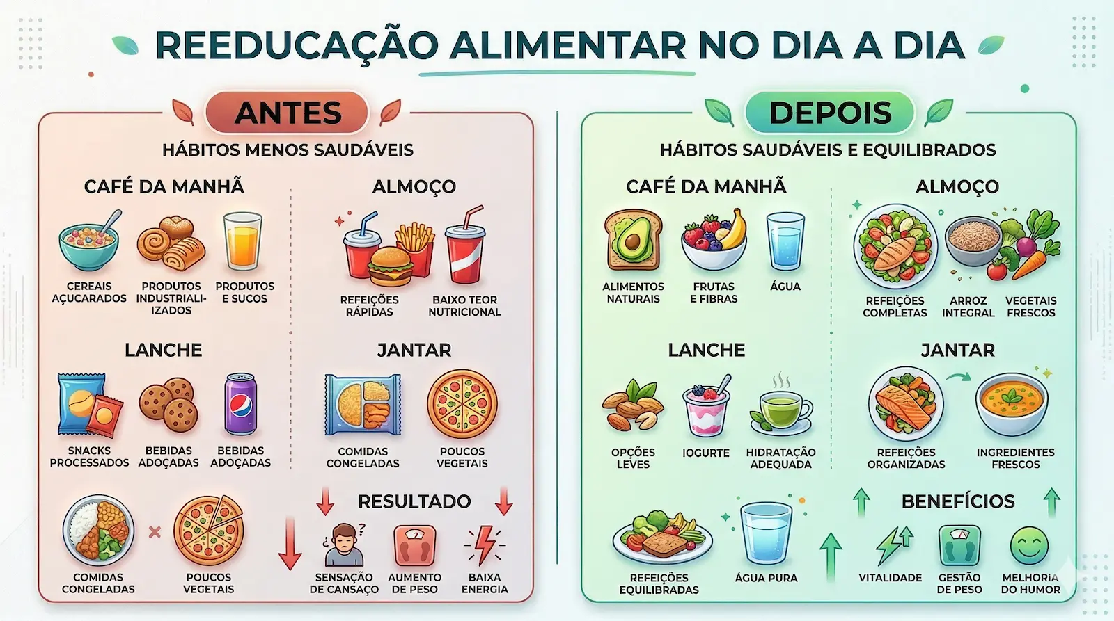 Exemplo de reeducação alimentar no dia a dia comparando hábitos antes e depois com refeições mais saudáveis e equilibradas