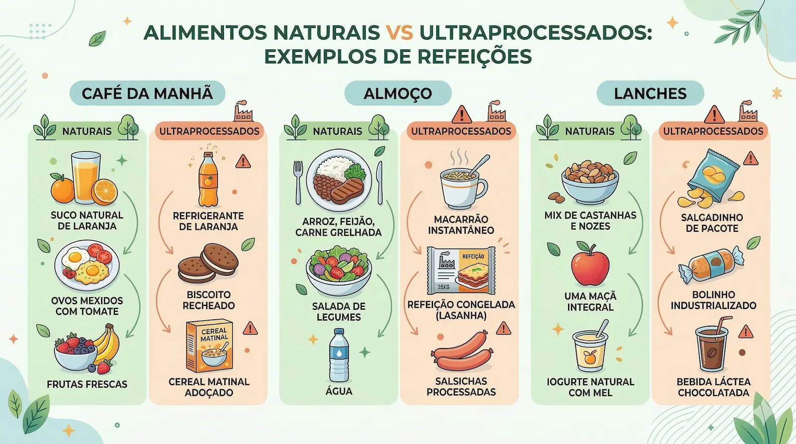 Exemplos de refeições com alimentos naturais e ultraprocessados no café da manhã, almoço e lanches.