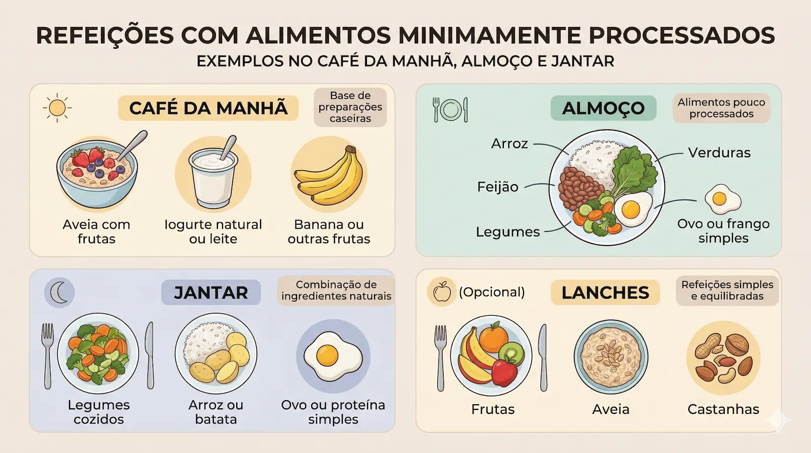 exemplos de refeições com alimentos minimamente processados como arroz feijão legumes e frutas