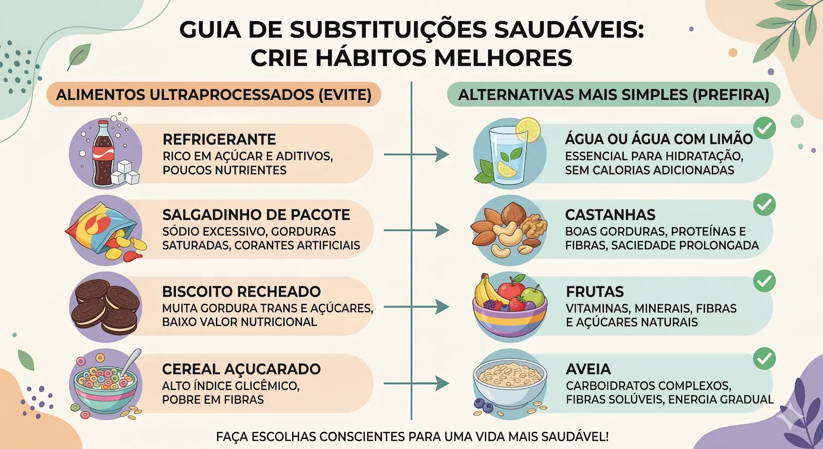 comparação entre alimentos ultraprocessados e alternativas naturais como frutas castanhas e aveia