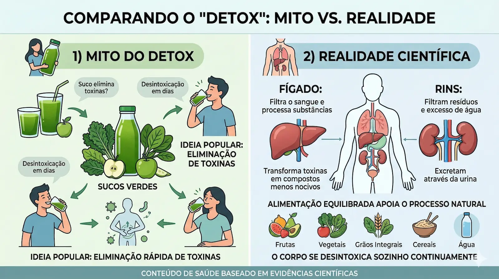 Infográfico comparando o mito do suco detox com a realidade científica, mostrando o papel do fígado e dos rins na desintoxicação do organismo