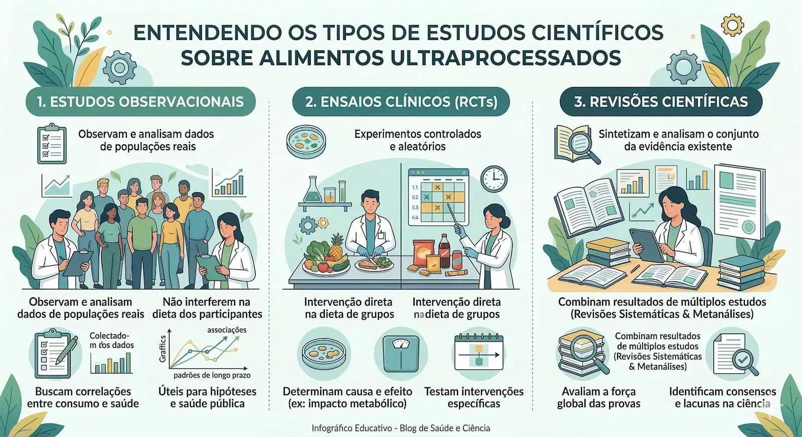 infográfico resumindo tipos de estudos científicos sobre alimentos ultraprocessados e saúde