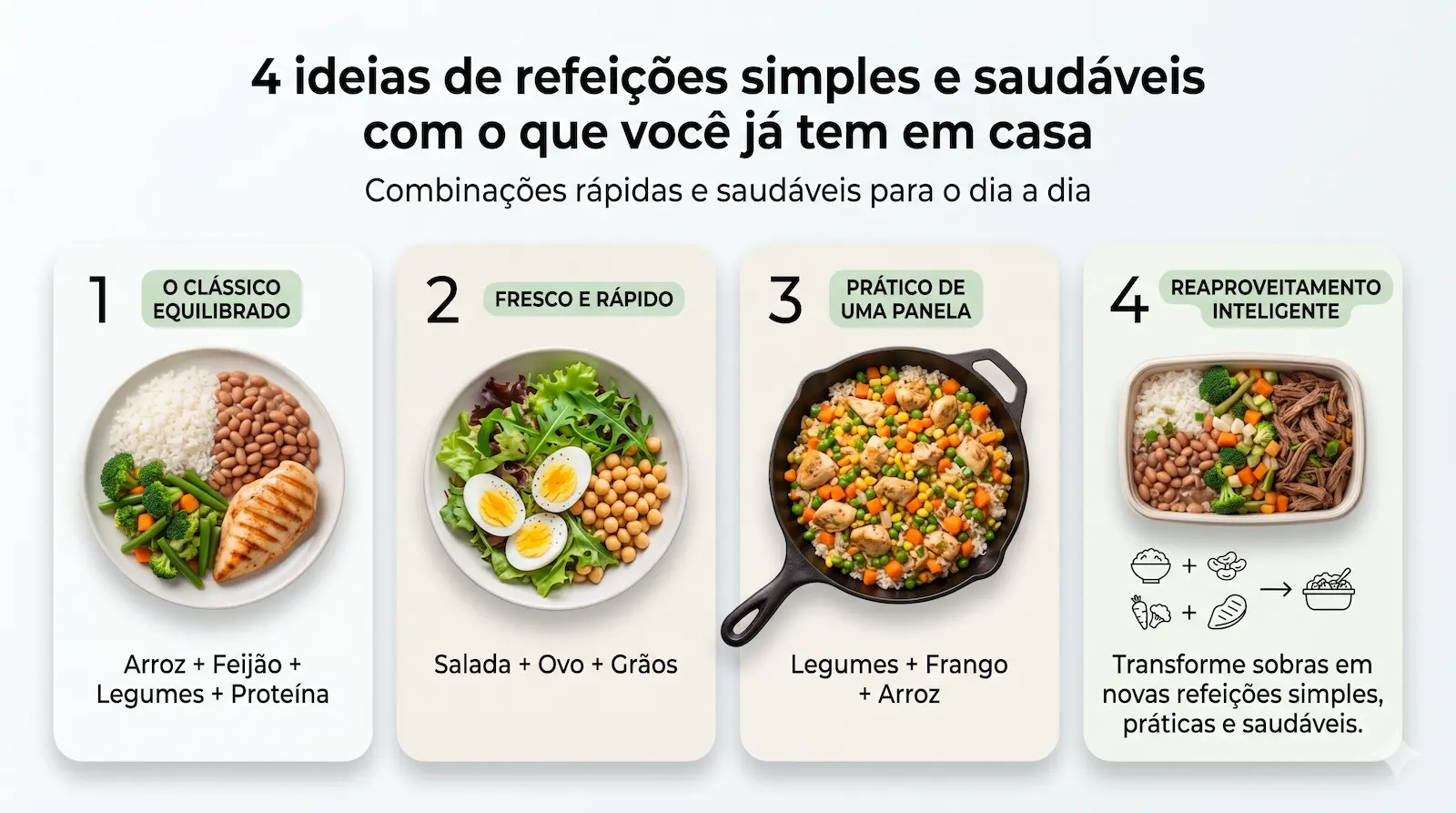combinações simples de refeições saudáveis com alimentos básicos do dia a dia