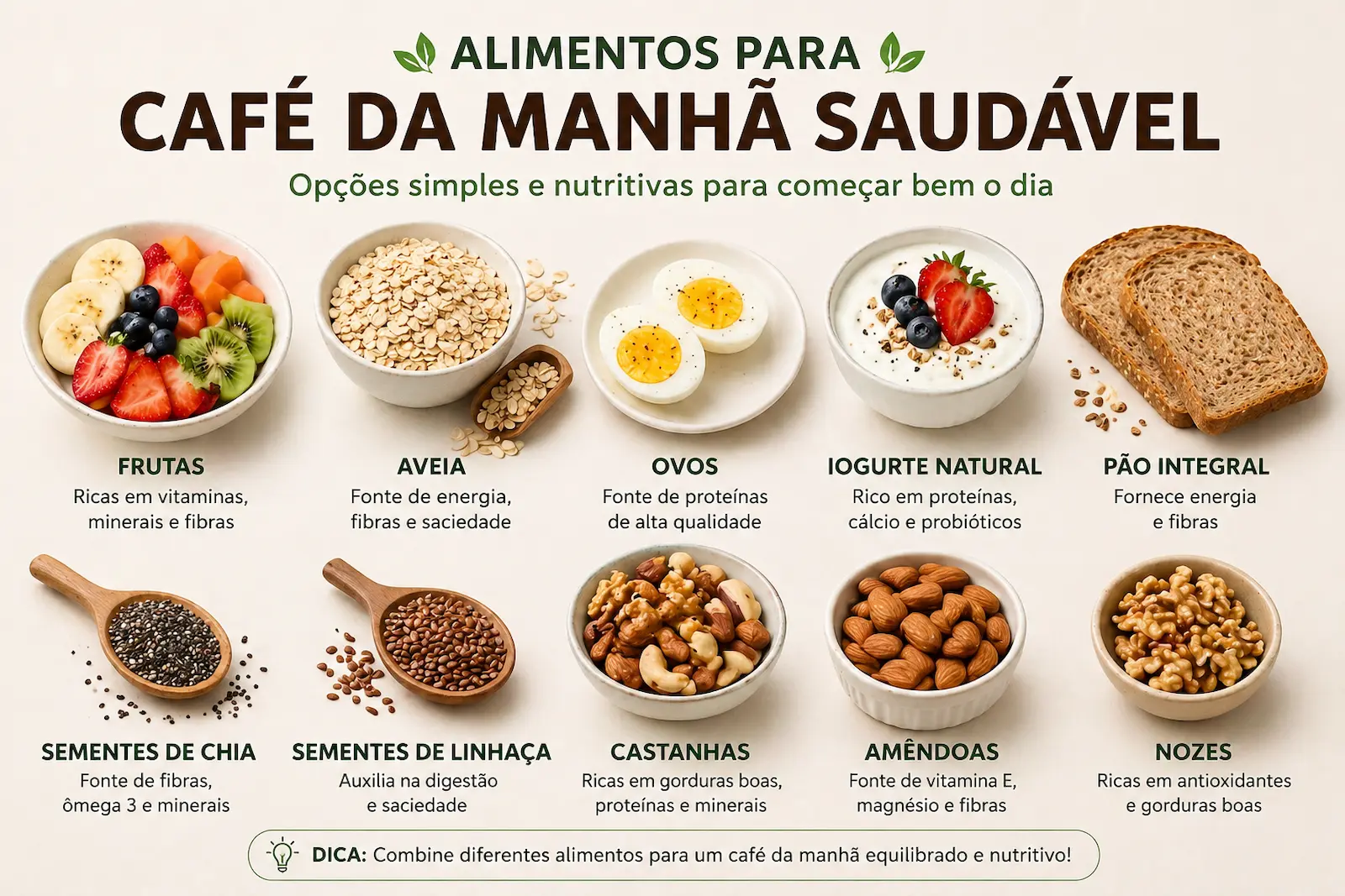 alimentos para café da manhã saudável como frutas aveia ovos iogurte natural pão integral sementes e castanhas