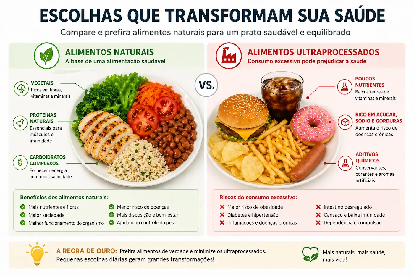 Comparação entre alimentos naturais e alimentos ultraprocessados em um prato saudável