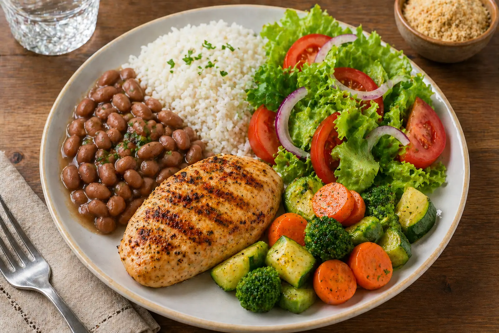 exemplo de almoço saudável com arroz feijão legumes salada e proteína