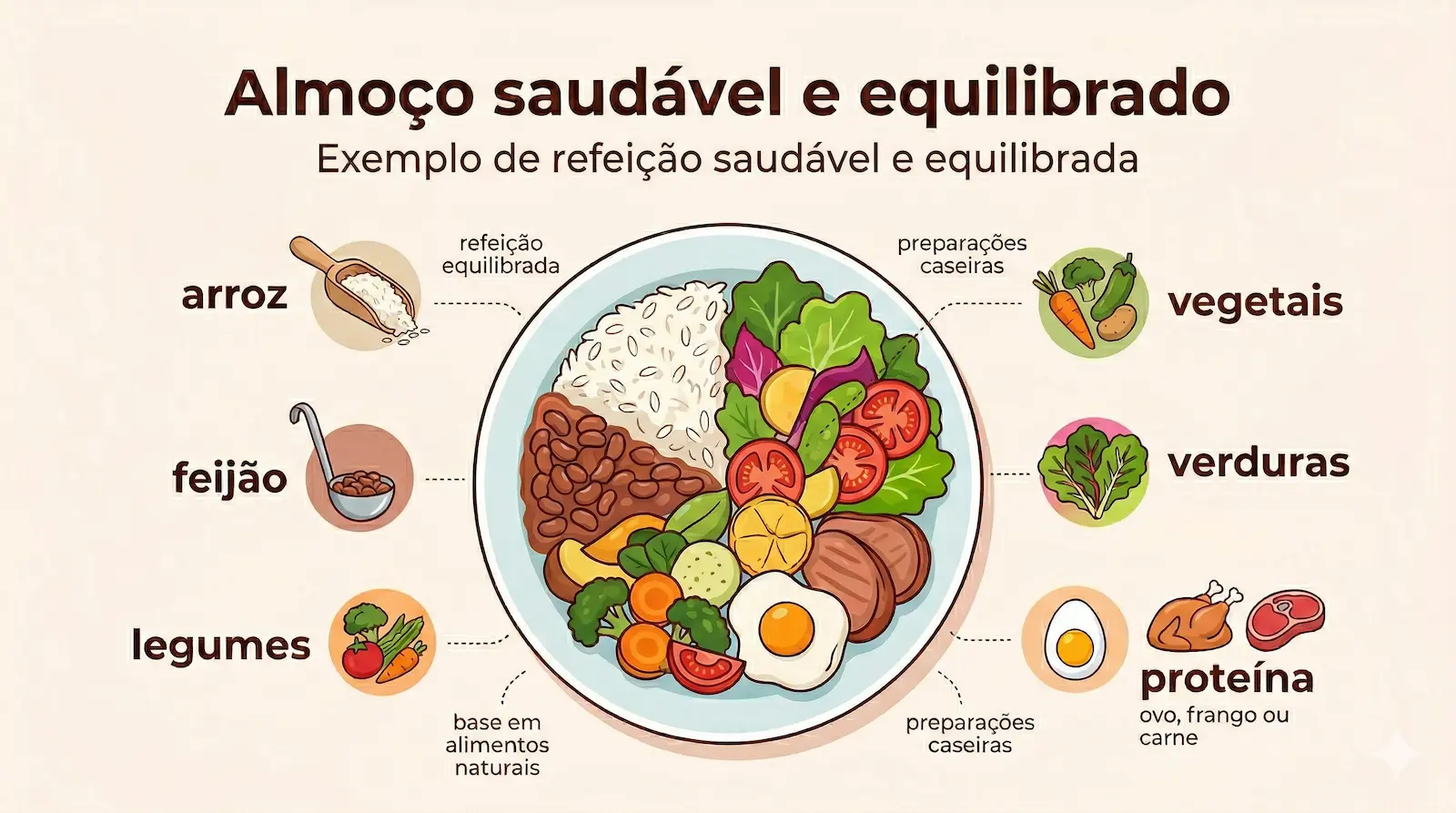 almoço saudável com arroz feijão legumes verduras e proteína