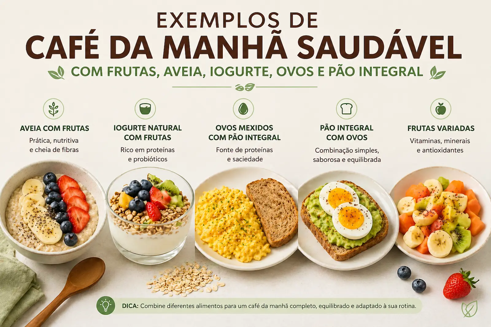 exemplos de café da manhã saudável com frutas aveia iogurte ovos e pão integral